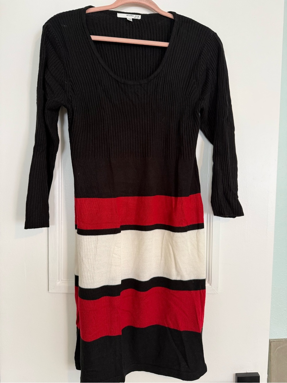 Studio One Black Red White Striped Ribbed Long-Sleeve Dress